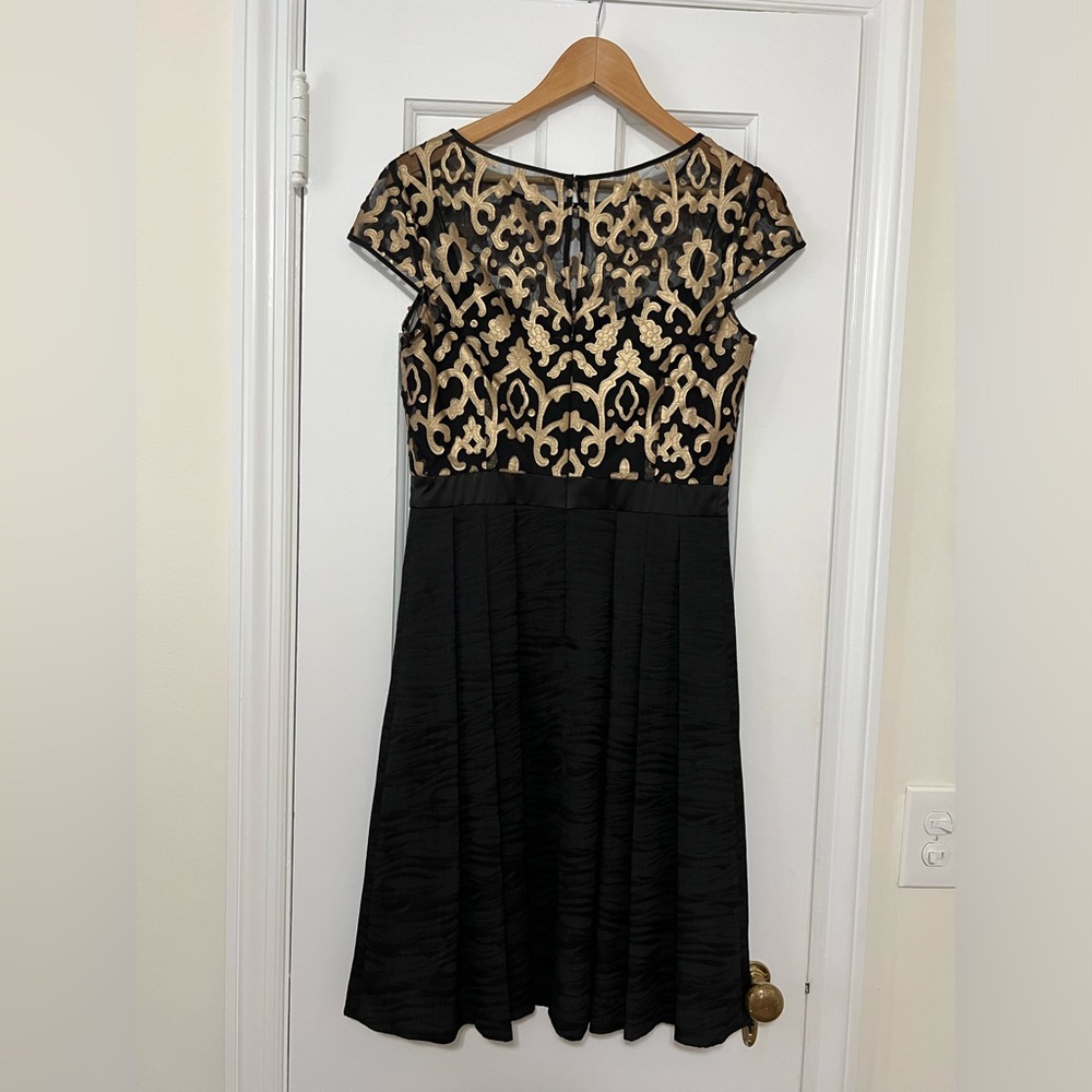 Adrianna Papell Dress, Black and Gold Illusion Dress with Cap Sleeves